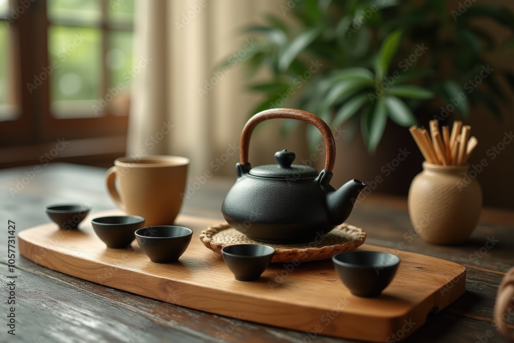 Serene tea ceremony setup with black teapot and cups on wooden tray by window. Serene tea ceremony setup with black teapot and cups on wooden tray by window.