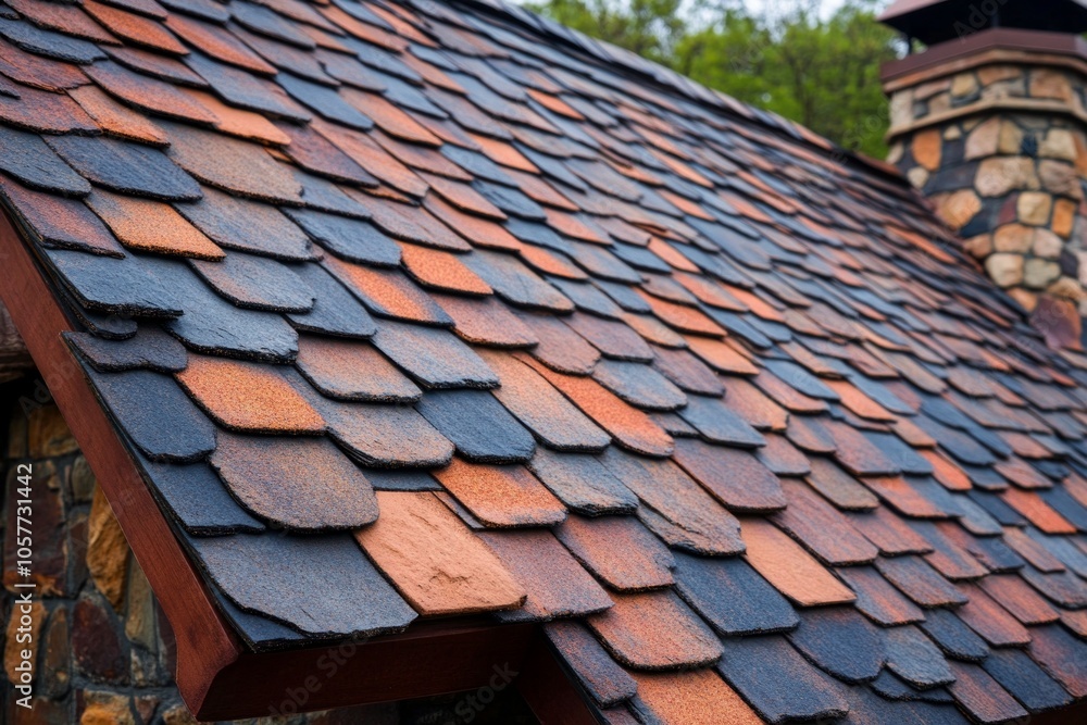 Close-up of rustic multicolored shingle roof with stone chimney Close-up of rustic multicolored shingle roof with stone chimney