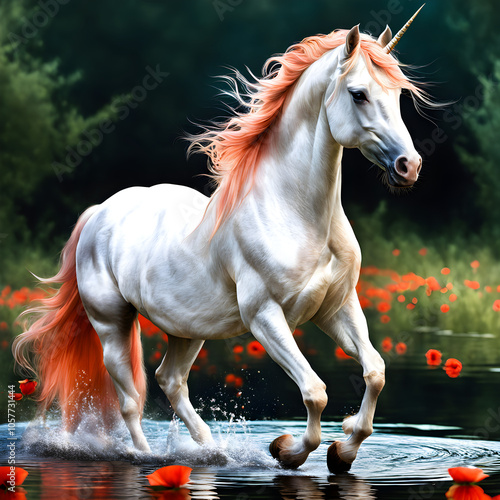 This is a portrayal of a unicorn with a striking white coat, shimmering with cosmic light, as if born from moonlit waters. Surrounded by coral-hued poppies, it embodies a serene aquatic fantasy, with  photo