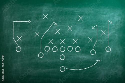 Chalkboard with american football game scheme and rugby ball, top view. Road to Championship with the best Football playbook. Route running.