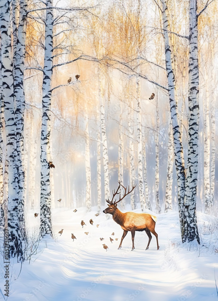 Majestic Elk in Winter Forest with Falling Snow. Majestic Elk in Winter Forest with Falling Snow.