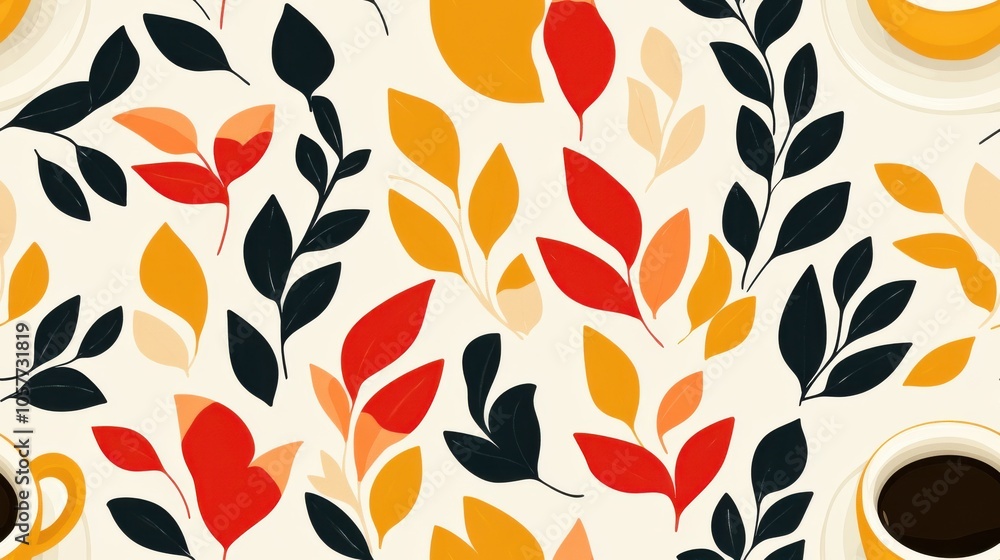 Colorful Coffee and Leaf Pattern Design Colorful Coffee and Leaf Pattern Design