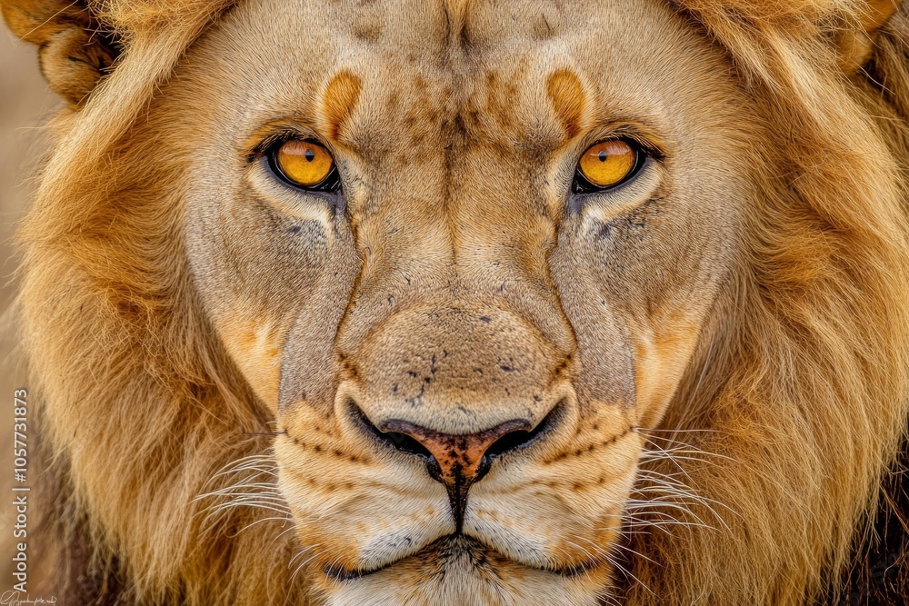 Majestic lion close-up with intense golden eyes in natural habitat Majestic lion close-up with intense golden eyes in natural habitat