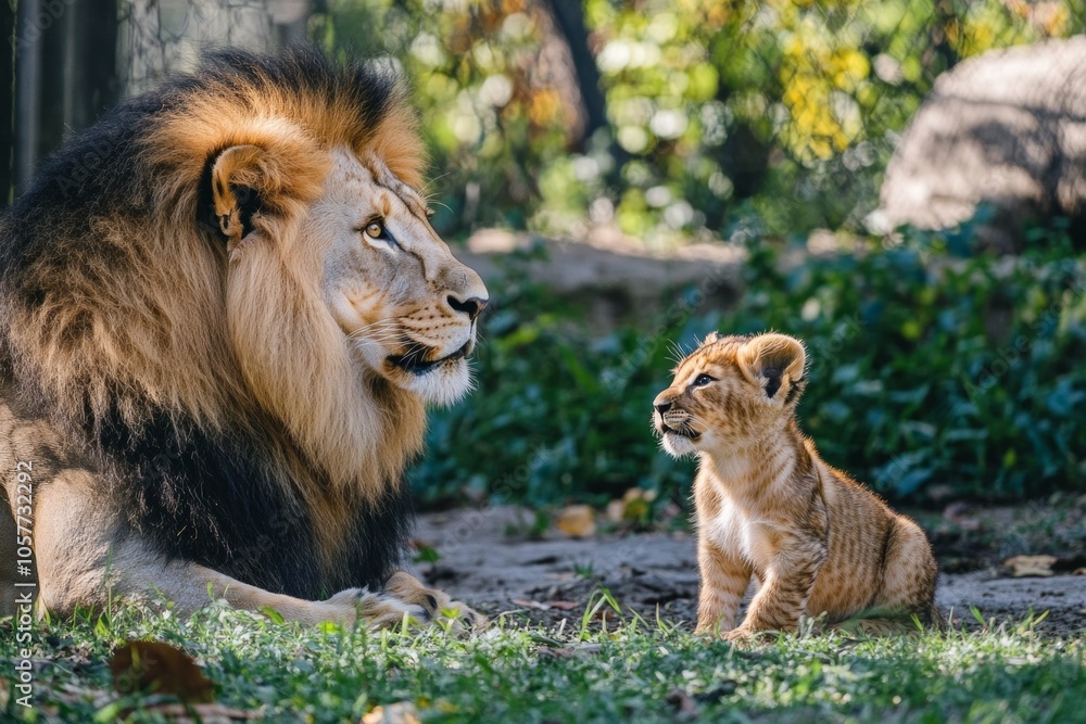 Obraz premium Majestic lion and curious cub in natural habitat