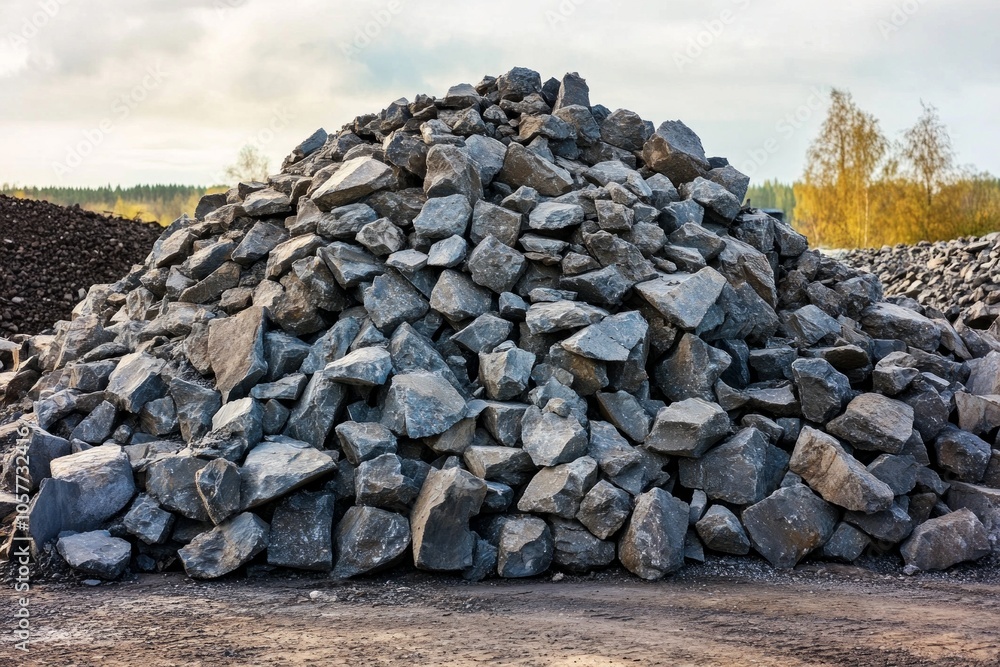 Large pile of gray rocks outdoors on a cloudy day Large pile of gray rocks outdoors on a cloudy day