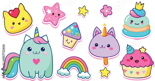 Cute Kawaii Stickers Unicorn, Rainbow, Stars, Sweets