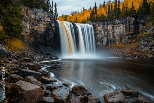 Majestic autumn waterfall cascading over rocky cliffs in a serene forest setting