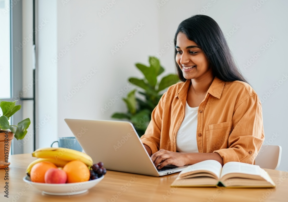 Smiling Indian woman working on laptop at home with open book and fresh fruits Smiling Indian woman working on laptop at home with open book and fresh fruits