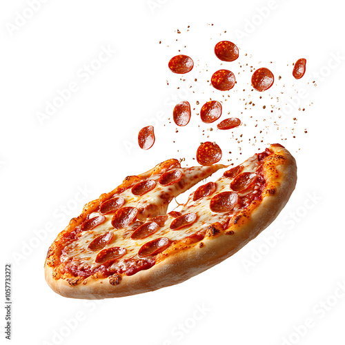Pizza is being thrown into the air with pepperoni transparent background