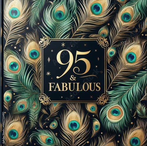 Elegant black and gold design featuring peacock feathers for a 95th birthday celebration. photo