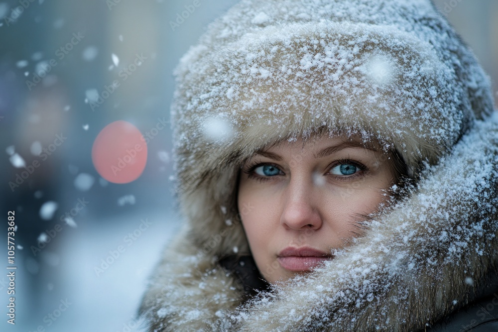 Woman in fur hat surrounded by snowflakes on a winter day Woman in fur hat surrounded by snowflakes on a winter day