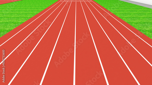 Sports field running track and red runway competition in sports game, straight view, 3d rendering.