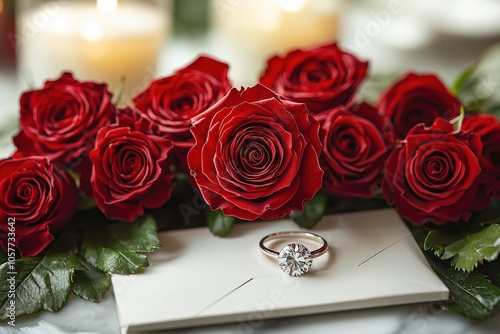 Elegant engagement ring on envelope surrounded by red roses and candlelight