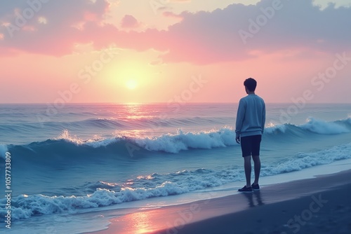 Tranquil sunset beach scene with man watching waves for relaxation and reflection themes.