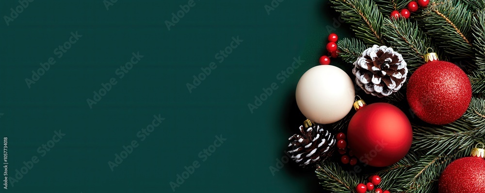 Festive arrangement of Christmas ornaments with pine branches on green background. Festive arrangement of Christmas ornaments with pine branches on green background.