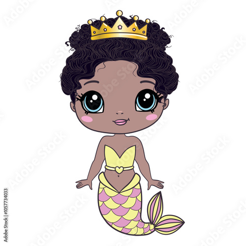 Fairy tale vector dark skinned mermaid sitting on a shell, eating cupcake. Fantasy fish girl isolated on white background. Fairytale sea princess. Cute siren character. Underwater adventure icon photo