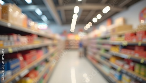 Blurred Supermarket Aisle with Shelves of Products