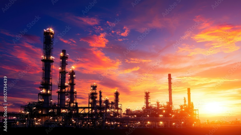 Obraz premium Sunset Over Oil Refinery Plant with Glowing Lights