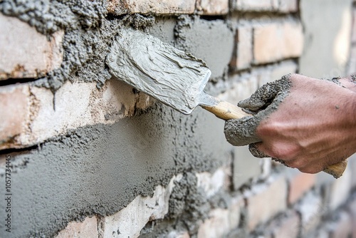 Brick wall construction with cement plaster applied by hand photo