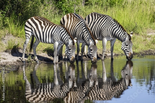 Three zebras drinking water in a serene natural habitat with reflective ripples