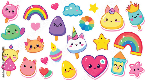Cute Kawaii Stickers Rainbow, Stars, Hearts, and More