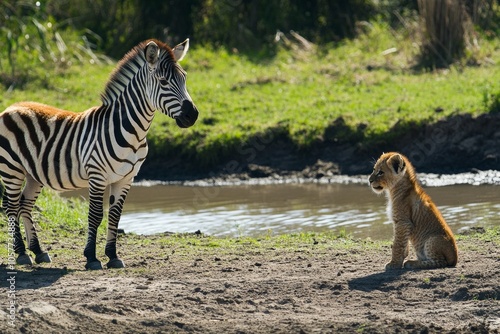 Zebra and lion cub face off near waterhole in african savannah