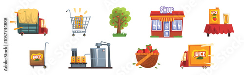 Juice Factory and Production Step Colorful Vector Set