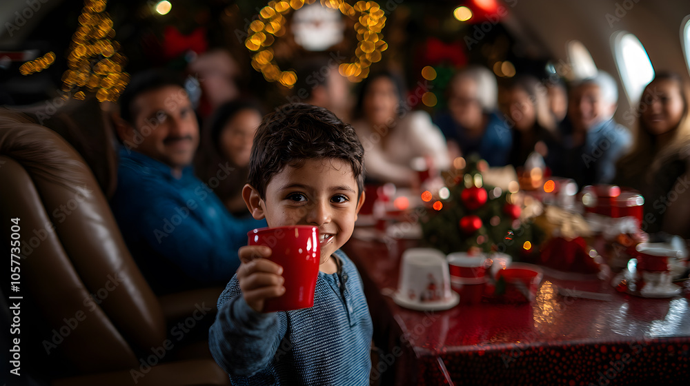 A young boy is holding a red cup in front of a group of people A young boy is holding a red cup in front of a group of people