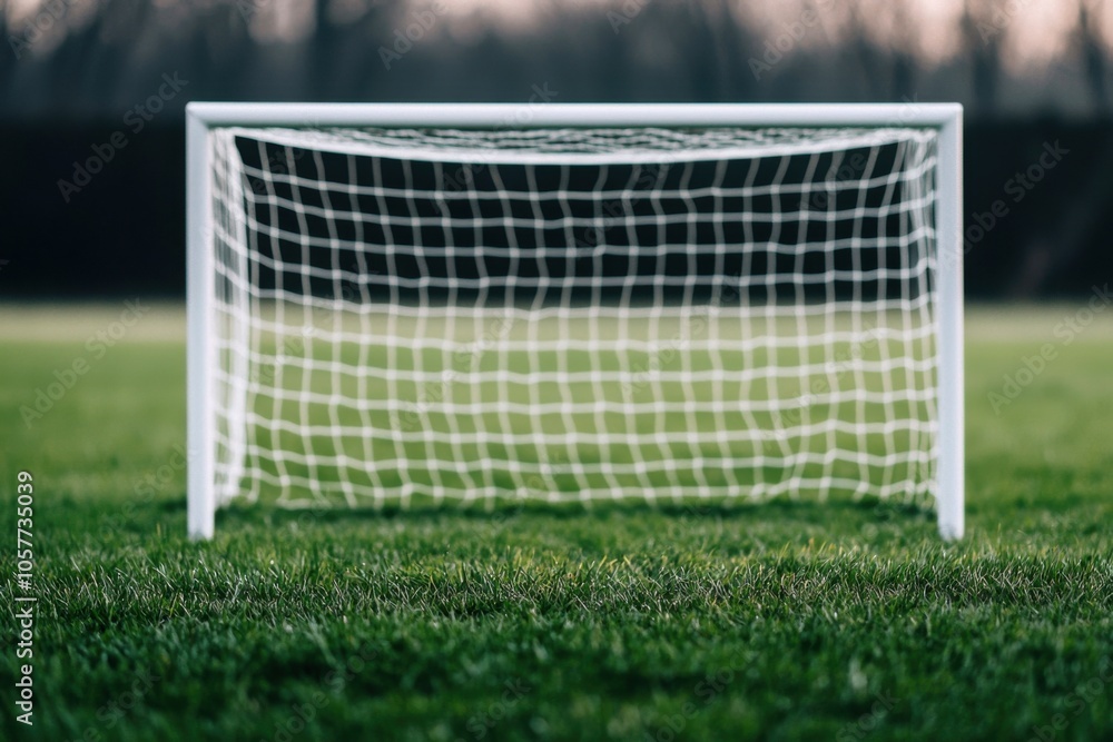Fototapeta premium Soccer goal on a green field, natural light, clear sky in the background.