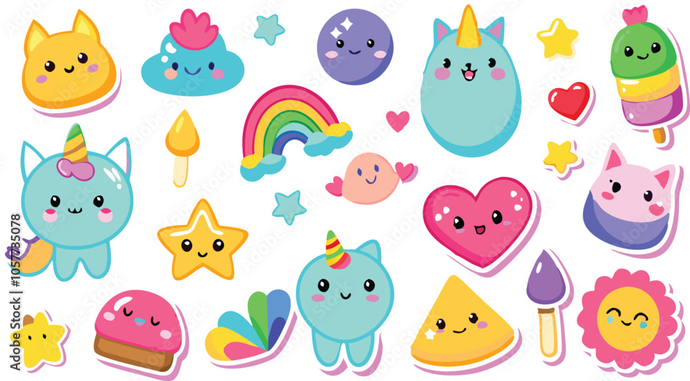 Fototapeta premium Cute Kawaii Stickers Collection Animals, Food, Hearts, Stars