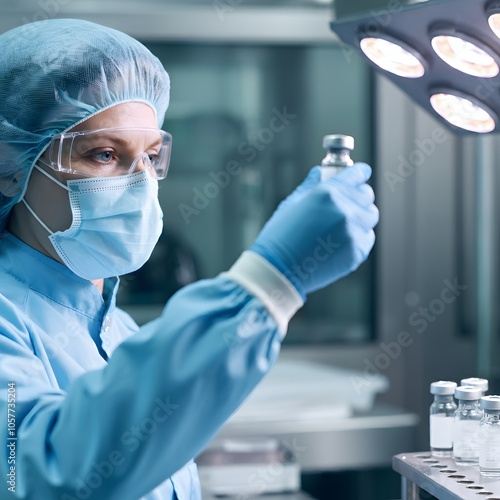 a high-tech pharmaceutical factory, a dedicated worker manages vaccine vials, Pharmaceutical Manufacturing,, Healthcare Technology