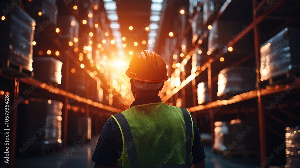 Worker in Safety Vest and Helmet in Warehouse Environment Worker in Safety Vest and Helmet in Warehouse Environment