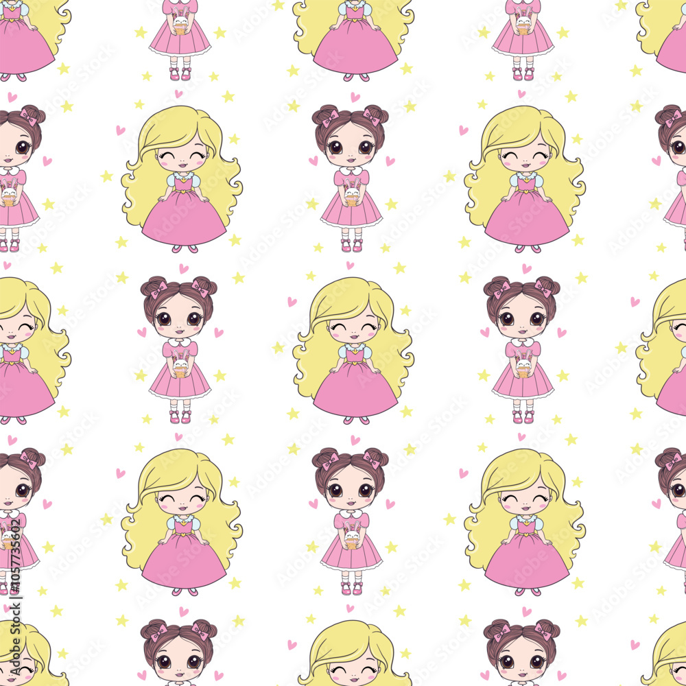 Childish seamless pattern with princess in scandinavian style. Creative vector childish background for fabric, textile Childish seamless pattern with princess in scandinavian style. Creative vector childish background for fabric, textile