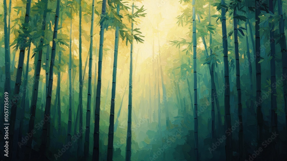 Naklejka premium Tranquil Bamboo Forest in Dreamy Japanese Style