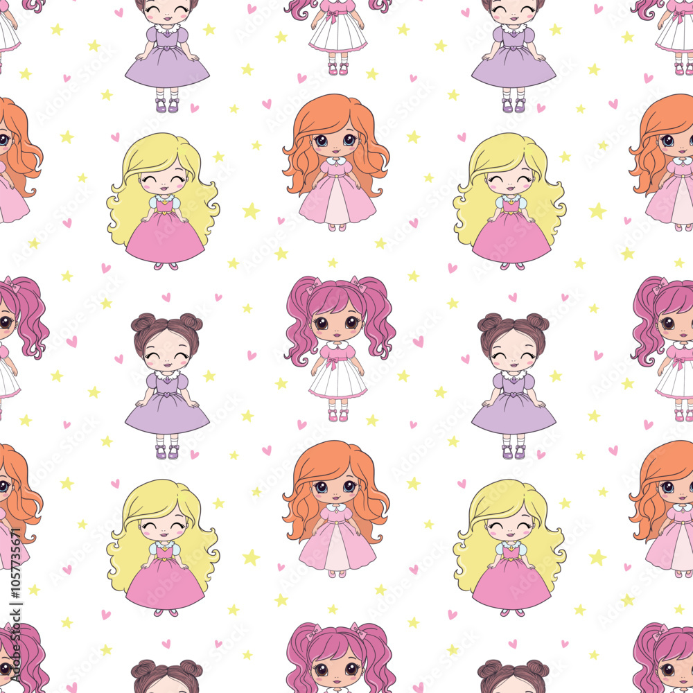 Childish seamless pattern with princess in scandinavian style. Creative vector childish background for fabric, textile Childish seamless pattern with princess in scandinavian style. Creative vector childish background for fabric, textile
