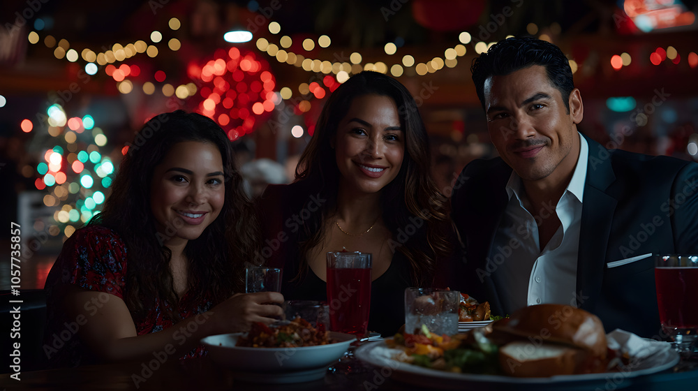 Three people are sitting at a table with a large plate of food in front of them Three people are sitting at a table with a large plate of food in front of them
