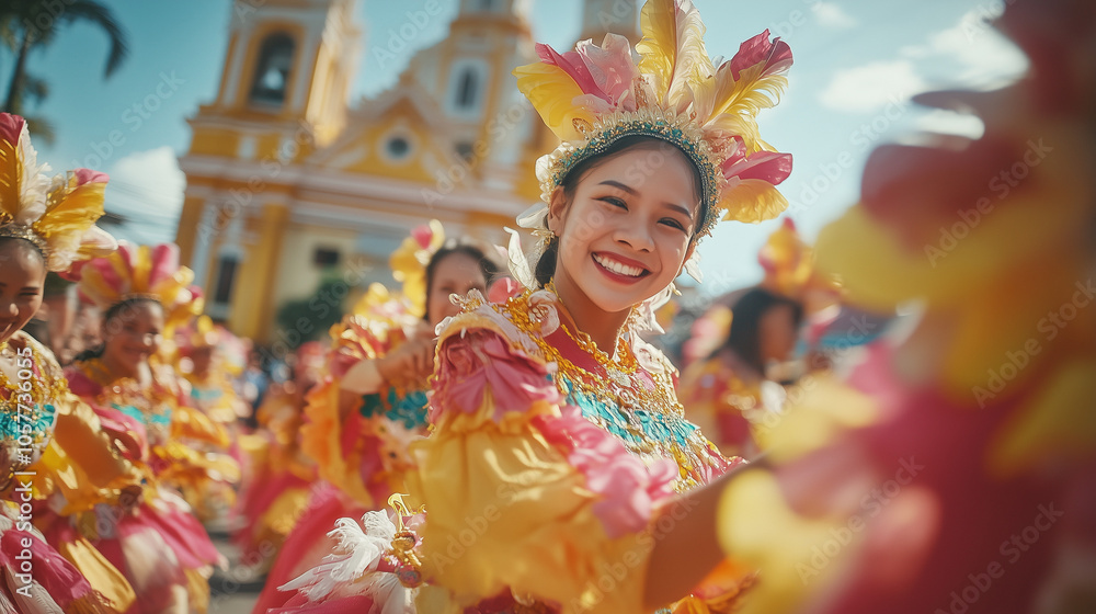 Fototapeta premium Sinulog Festival, a colorful parade with participants dressed in bright traditional Filipino costumes, dancing energetically on the main street, Ai generated images