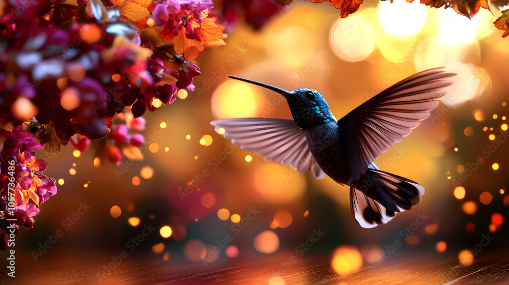 Fototapeta premium A hummingbird is flying over a tree with red leaves