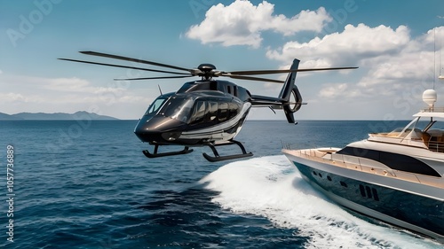 Helicopter flying near the luxury yacht cruiser boat. Rich and wealthy millionaire billionaire dream lifestyle, ocean sea and air summer transport and travel, private chopper