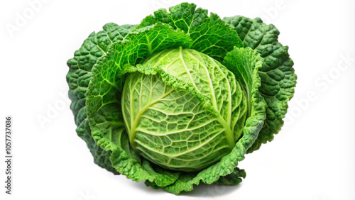 Fresh Green Cabbage with Crisp Leaves Isolated on a White Background