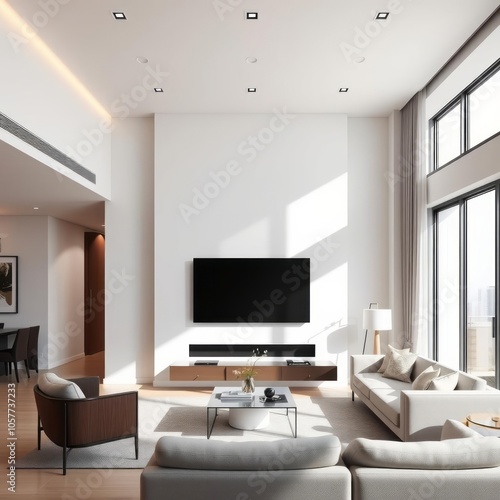 Modern minimalist living room with sleek flat screen tv mounted on a crisp white wall amidst stylish contemporary furniture and ample natural light Condominium 