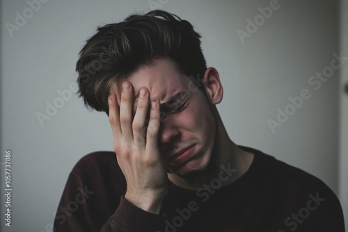 A young man covers his face with one hand, crying, conveying deep frustration, as he sits in a dimly lit