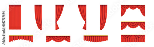 Luxury Scarlet Red Silk Curtains and Draperies Interior or Stage Decoration Vector Set
