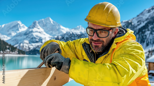 Skilled carpenter working outdoors in mountainous landscape, craftsmanship and precision