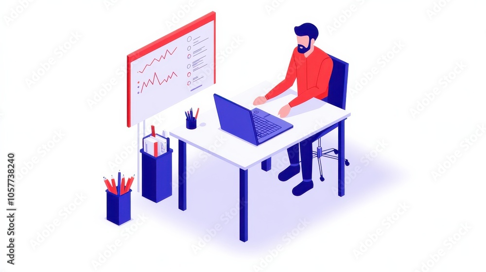 Isometric Infographic of Person Working at Desk Isometric Infographic of Person Working at Desk