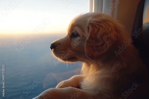 A golden retriever puppy enjoys a scenic flight near the window during golden...