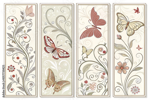 Decorative Floral and Butterfly Panels with Swirling Botanical Designs for Wall Art and Stationery