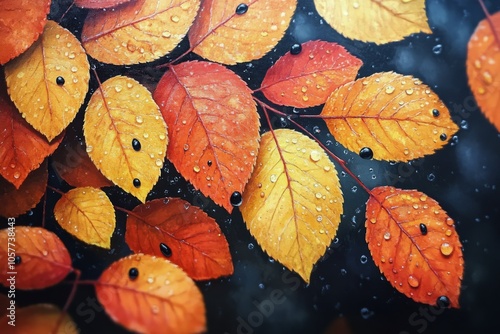 Colorful autumn leaves with droplets resting on the surface in a natural setting