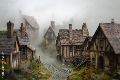 A Misty Village Path Leading to a Quaint Cottage