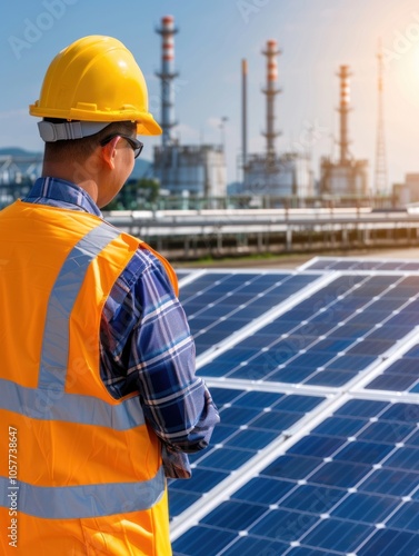 Engineer in safety gear inspecting solar panels at industrial power plant